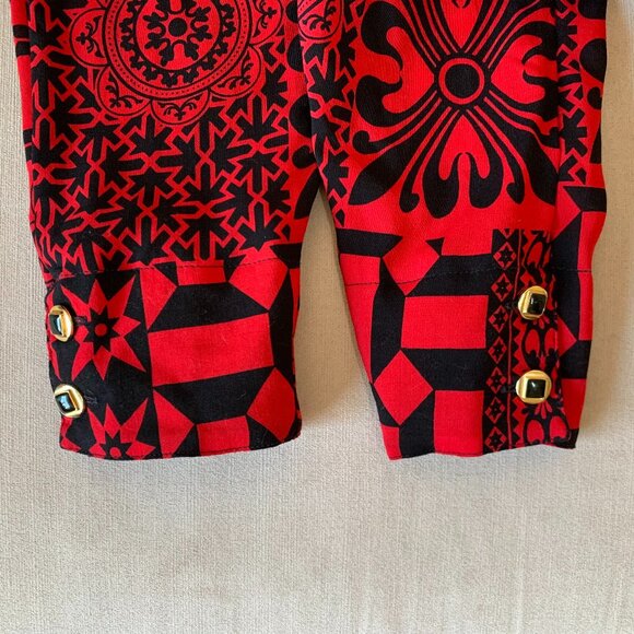 Vintage Modiana Red Black Graphic Pattern Button Up Tunic Dress Shirt Whimsigoth - Picture 14 of 16